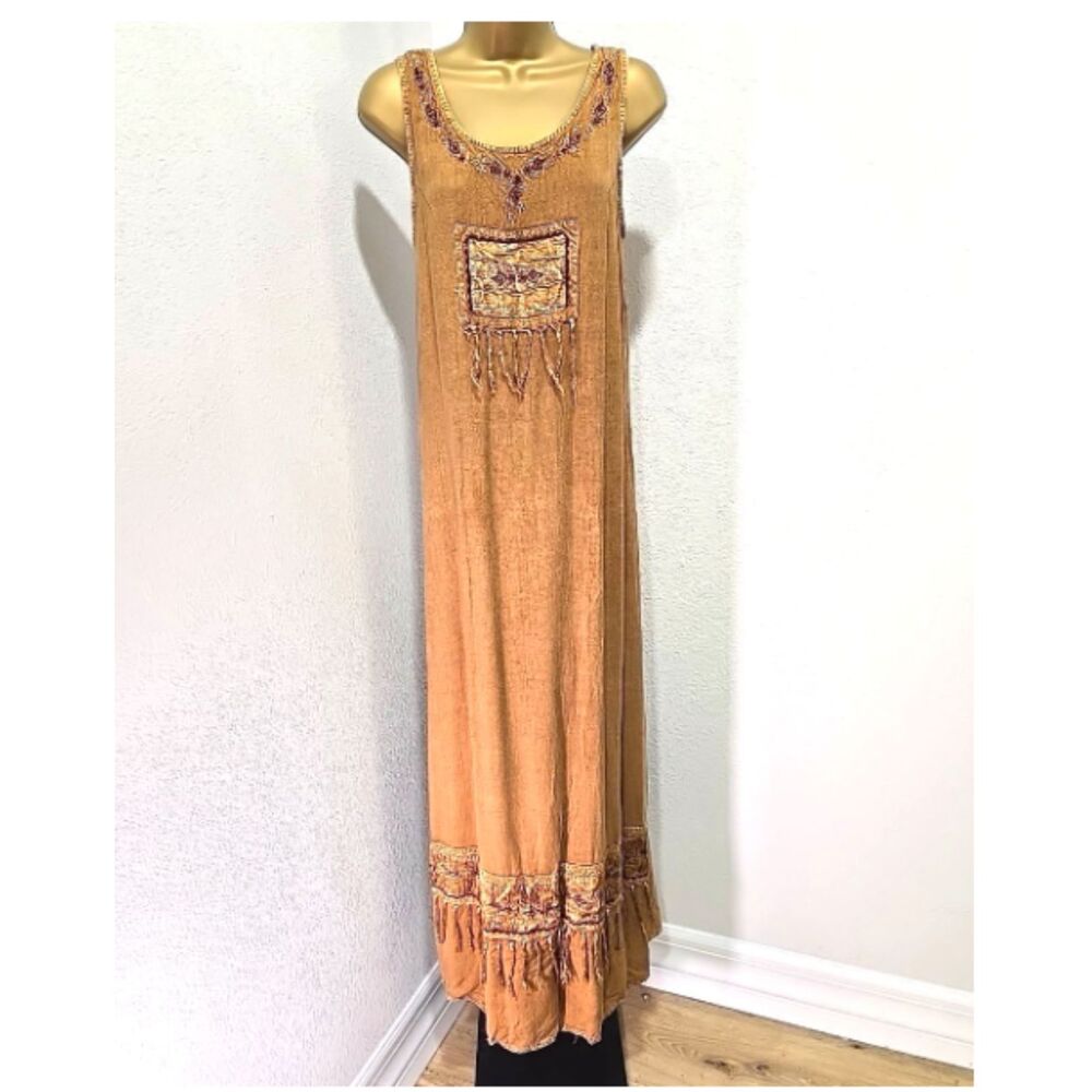 Brown Floral Tiered Fringe Sun Dress OS Midi Patch Embroidered Indie Boho Resort